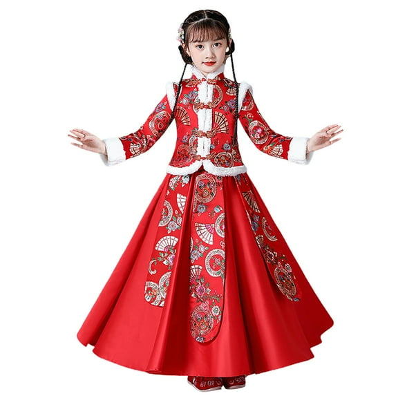 Ruyang Girls Tang Suit Princess Thick Dresses Calendar New Year Lined Warm Clothing Embroidery Festive Tang Suit Outfit