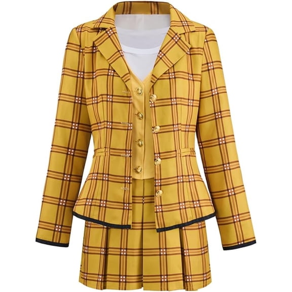 Women's Fancy Yellow Plaid Dress School Uniform Suit Jacket Shirt Vest Skirt Set