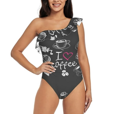 Uemuo I Love Coffee Print Women s One Piece Swimsuit Asymmetrical Neck Bathing Suit One Shoulder Side Cutout Ruffle Swimwear-Medium