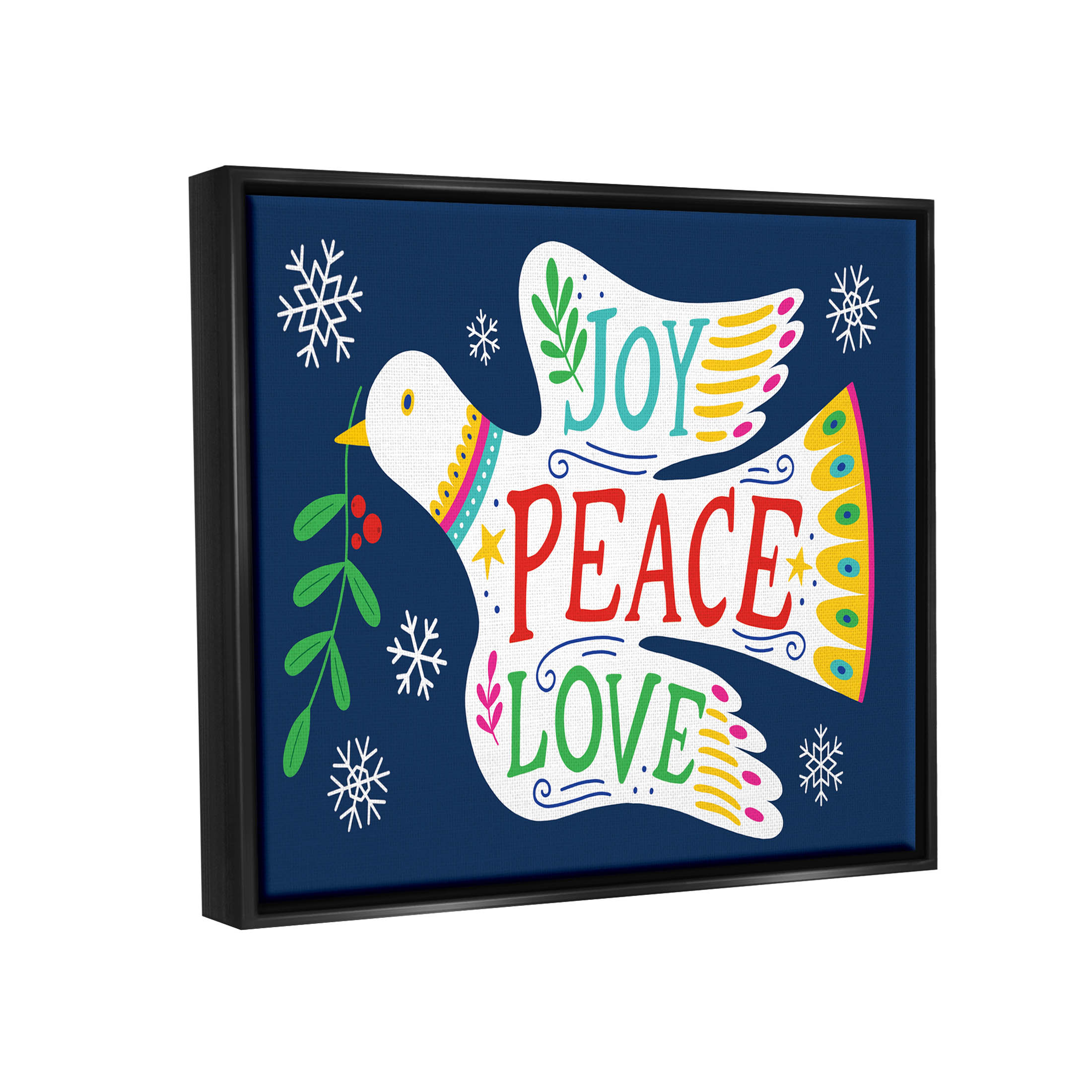 Joy Peace Love Dove Holly Sprig Holiday Graphic Art Jet Black Framed Art Print Wall Art
