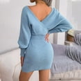 thumbnail image 4 of IROINNID Discount Semi Formal Dress for Women Long Sleeve Sweater Dress Sexy V-Neck Knit Bag Hip Solid Color Dress,Blue, 4 of 8