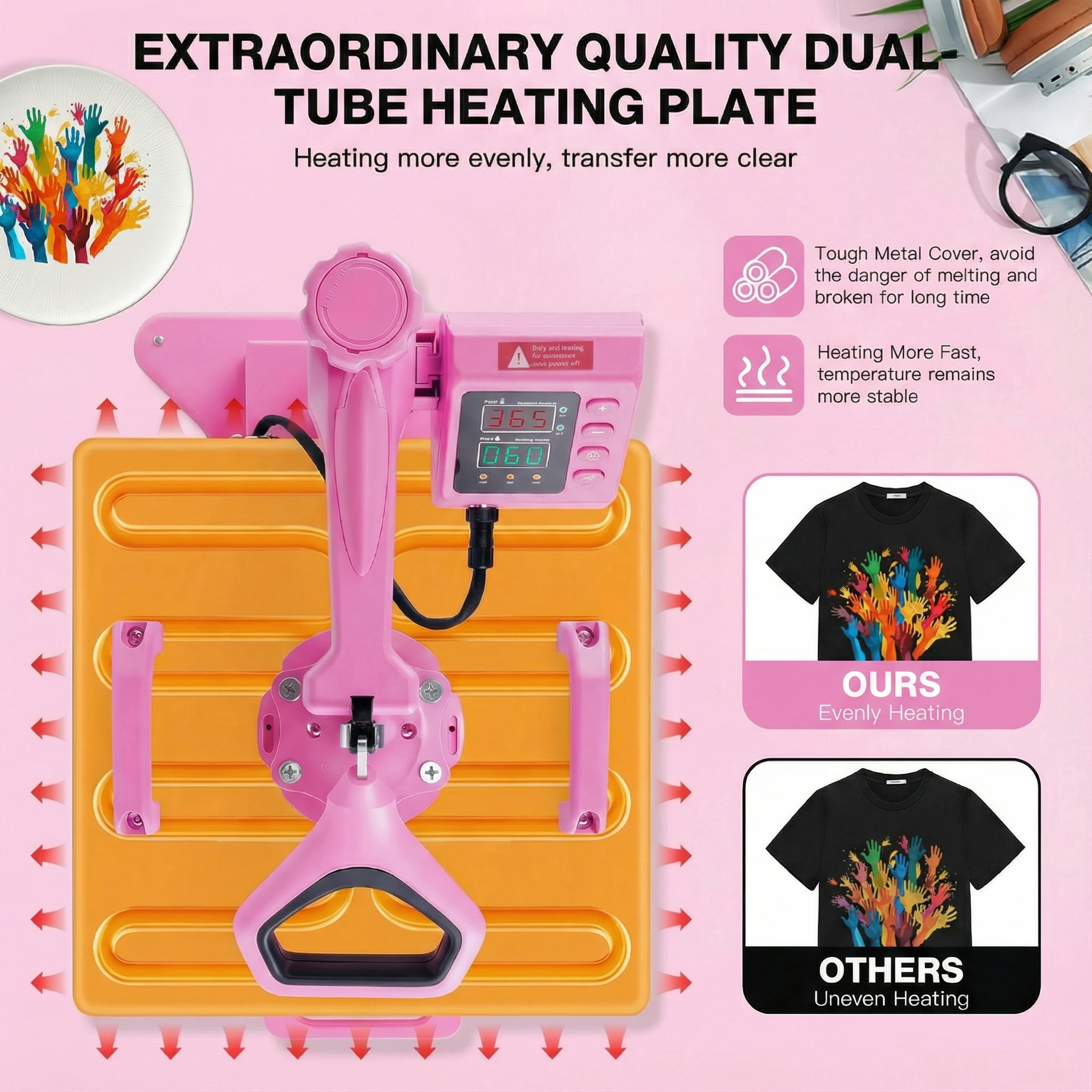 Adnoom Heat Press 15x15, 8 in 1 Multifunctional Shirt Press Machine Combo, 360° Swing Away Sublimation Heat Transfer with LED Display for T-shirts Mugs Hat Plate Cap, Pink