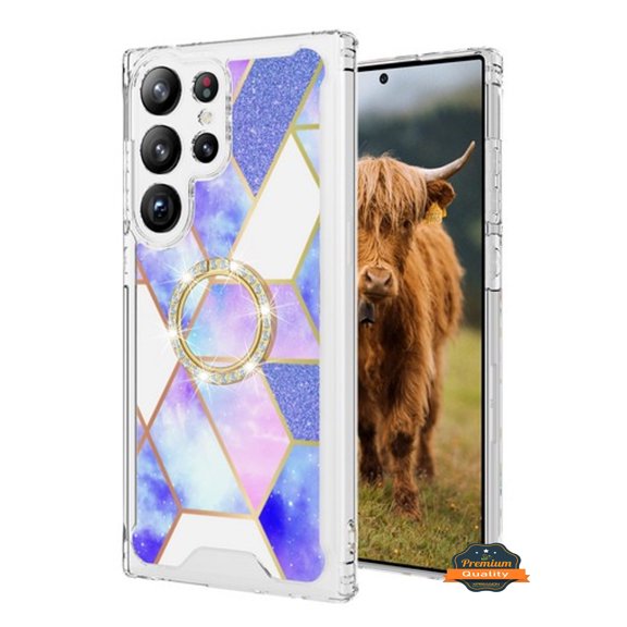 For Samsung Galaxy S25 Ultra Phone Case Fashion Design Bling Diamond Hybrid Protective Case, Ring Kickstand Hard PC TPU Cover Purple Marble Rhombic