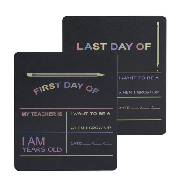 Reusable First & Last Day of School Chalkboard Sign. Photo Prop Board, Black w/color print - 12 x 10 rectangle set of 2