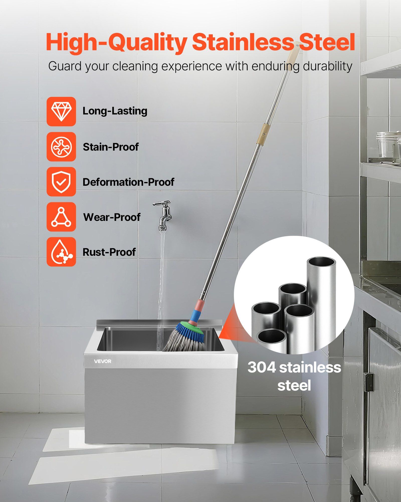 VEVOR Stainless Steel Floor Mop Sink, 22 x 19 x 12 in, 304 Stainless Steel, with Backsplash, 3-in-1 Filter and Wall-Mounted Bracket, X-Shaped Groove for Quick Drainage, for Balcony and Bathroom