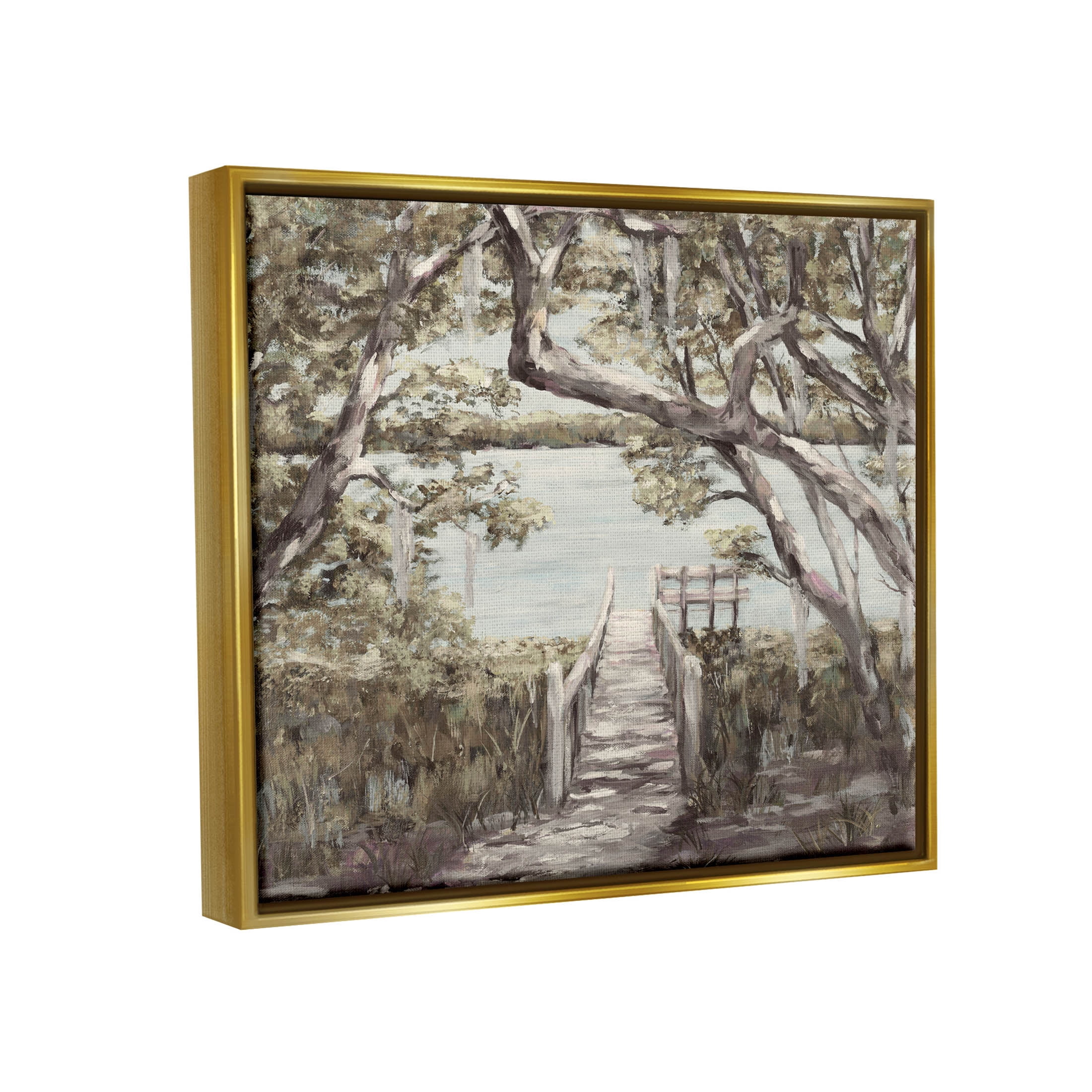 Nature Waterfront Path Bridge Landscape Painting Metallic Gold Framed Art Print Wall Art