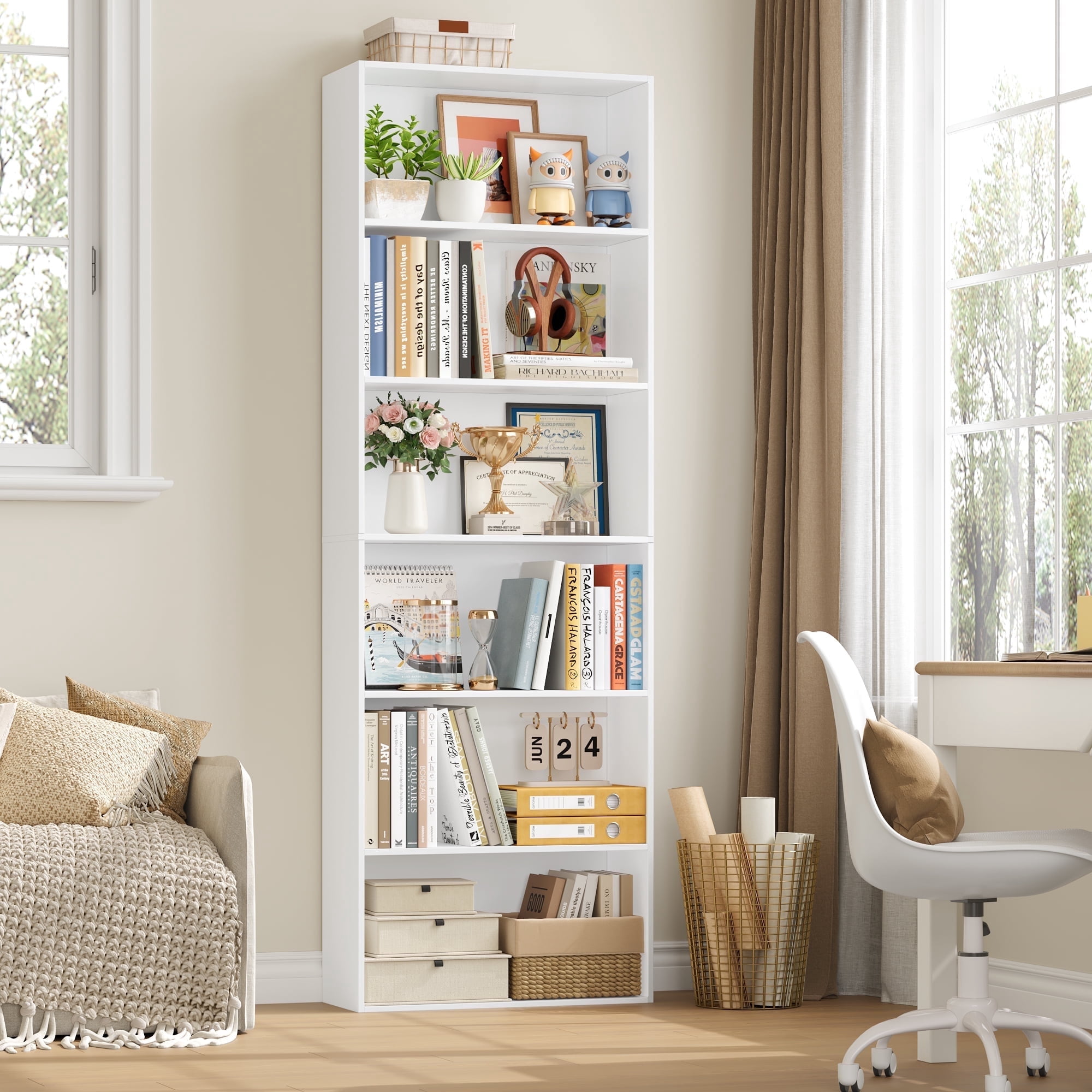 Homfa 6 Tier Tall Bookshelf and Bookcase, Wooden Bookcase Display Shelf for Living Room Home Office Library Storage, White