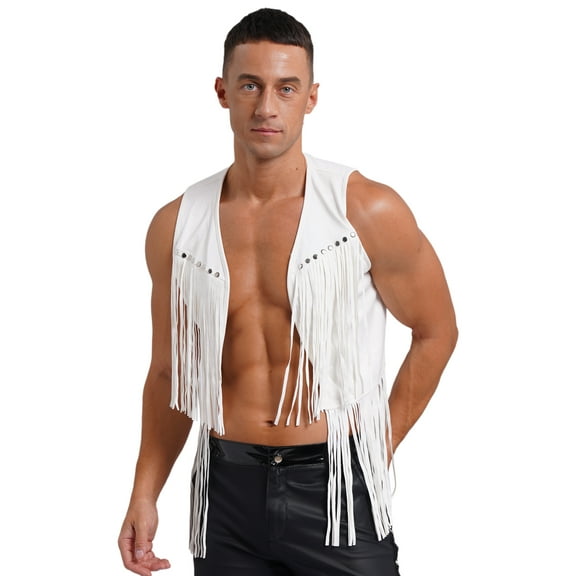 zdhoor Men's Cowgirl Costume Sleeveless Fringe Waistcoat Western Cowboy Tassel Vest Cosplay Outfits White M