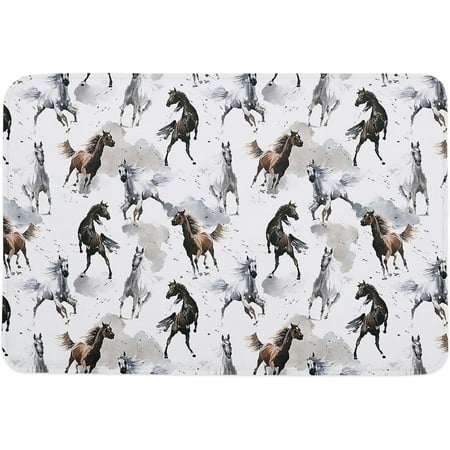 

Chinese Style Memory Foam Doormat Anti-Skid Absorbent Indoor Door Mat Soft Floor Mat for Entryway Patio Kitchen High Traffic Areas Decor Watercolor Running Steeds Illustration 20x32 Inch