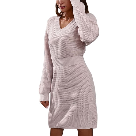 Women V Neck Shoulder Drop Long Sleeve Waistband Woolen Dress Women's Knitted Dress Autumn And Winter New