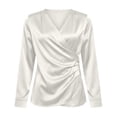 thumbnail image 4 of yillto Women Wrap Blouse Satin V Neck Long Sleeve Tops Silk Casual Office Work Top Plain Dressy Shirt, 4 of 5