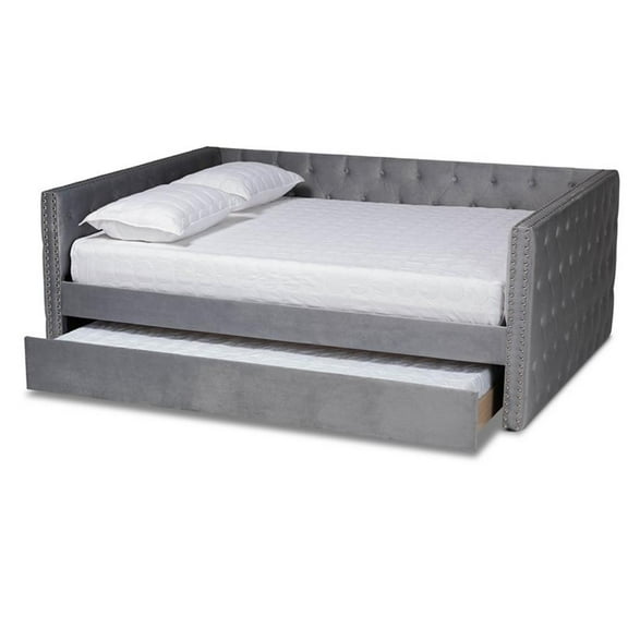Bowery Hill Grey Velvet Upholstered Queen Size Daybed with Trundle