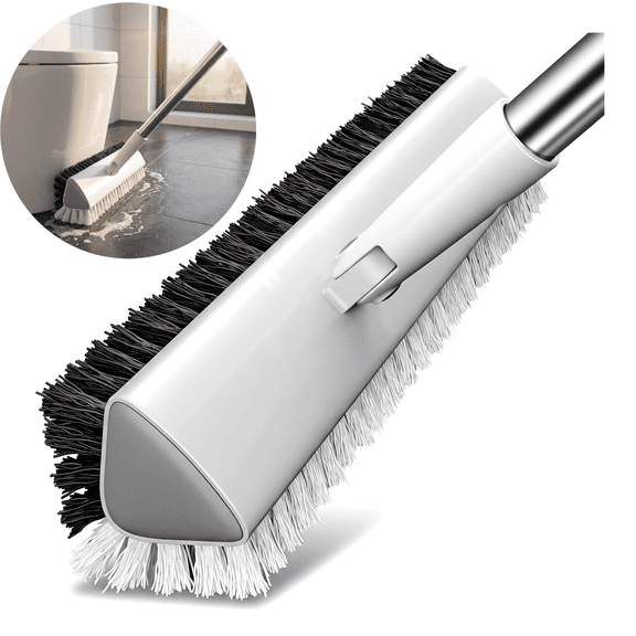 Grout Brush with Long Handle - 180 Degree Swivel Floor Scrub Brush, V-Shaped Bristle Cleaner for Tile, Shower, Kitchen, and Concrete