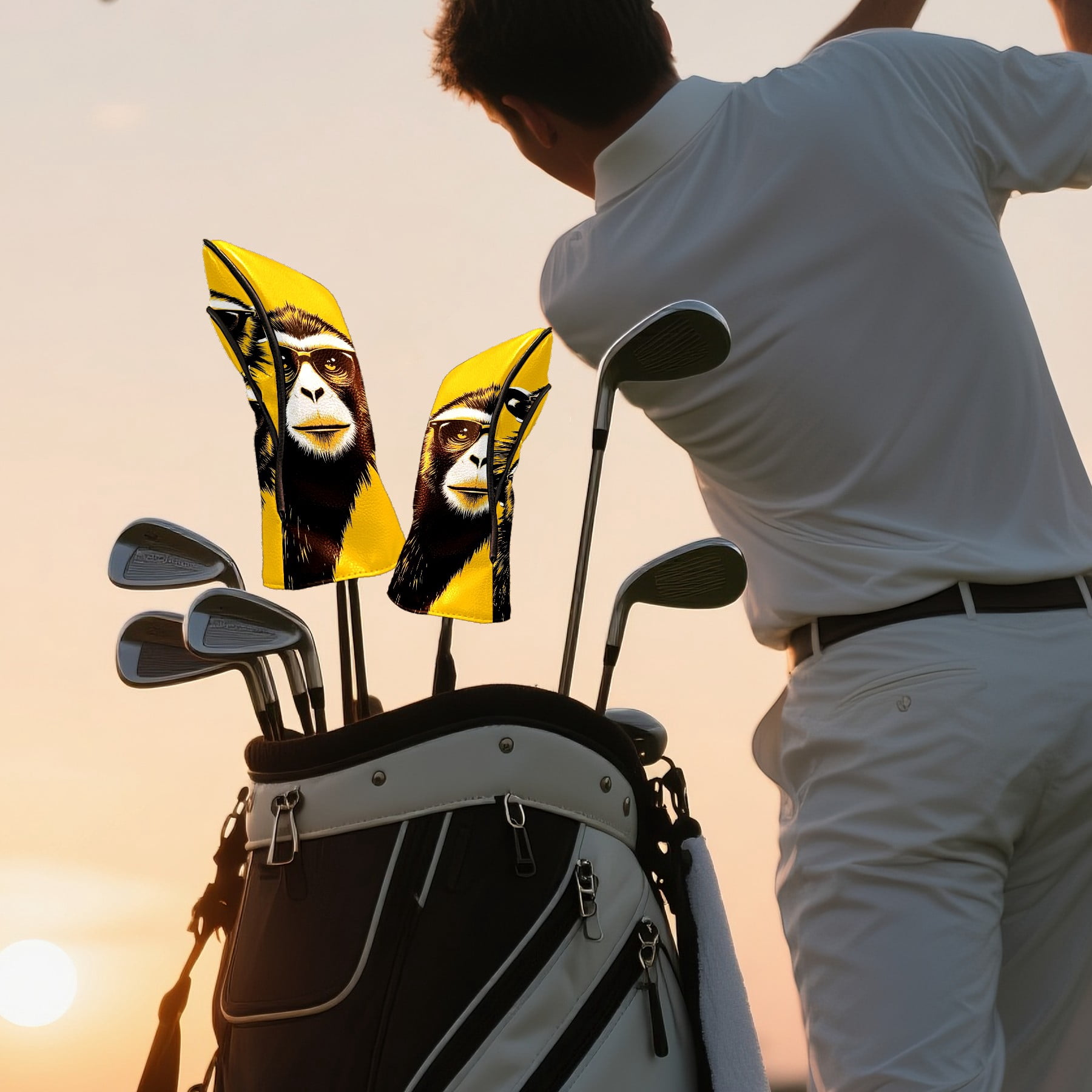 Golf Club Covers, Monkey Yellow Premium PU Leather Driver Hybrid Putter Head Covers with Velvet Lining, Waterproof Golf Gifts for Men Women