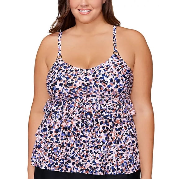 $45 Island Escape Plus Size Abstract-Print Tiered Underwire Tankini Top Pink 20W