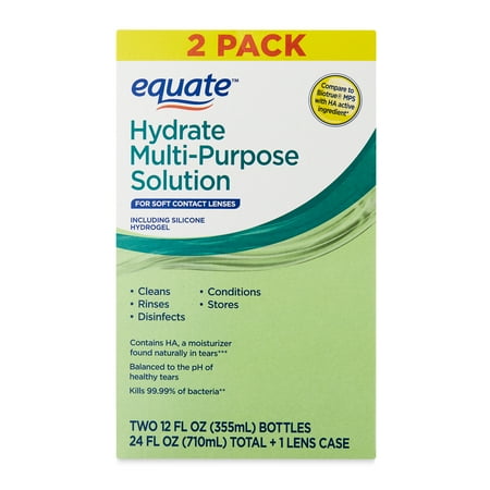 Equate Hydrate Multi-Purpose Solution Liquid for Soft Contact Lenses, 242 fl oz (2x12 fl oz) + 1 Lens Case, Compare to Biotrue® MPS with HA Active Ingredient