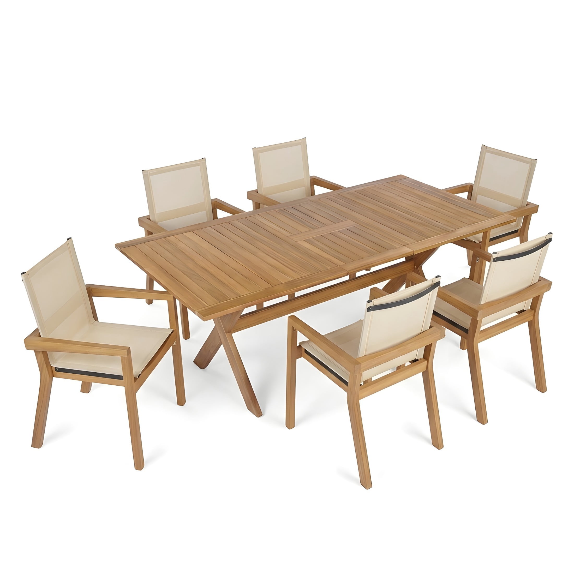 Christopher Knight Home 7-Piece Outdoor Wood Dining Set, Extendable Table with Mesh Chairs, Teak+Beige
