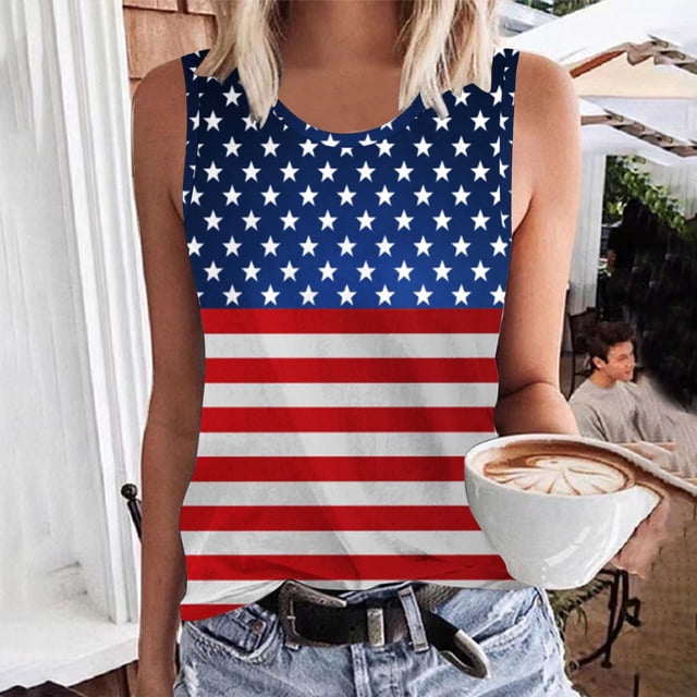 Wiyuqeen Débardeurs Drapeau Américain pour Femmes Sans Manches Chandails du 4 Juillet Col Rond Rouges Blancs et Bleus Débardeurs Grande Taille Débardeurs Légers