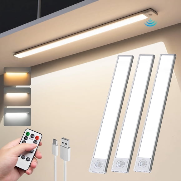 3PCS Luz Led Con Sensor De Movimiento(40CM), Luces Para Closet Con Control Remoto Y 3 Colores De Luz, 2000 Mah Luces Led Para Cocina, Lampara Led Recargable, Para Closet, Armario, Dormitorio, Pasillo