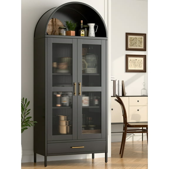 GangMei 73-inch Tall Metal Lockable Arched Display Cabinet, Pantry Cabinet with Glass Door, 1 Drawer, 2 Shelves for Living Room, Office, Assembly Required