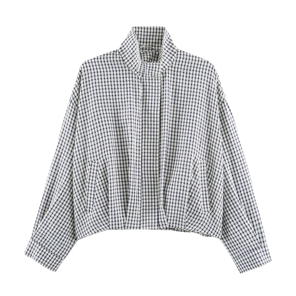 Dweltoz Women's Plaid Bomber Jacket Stand Collar Zip Up Cropped Coat Lightweight Checkered Long Sleeve Outerwear Oversized Casual Spring Fall Gingham Jacket with Pockets,Navy S