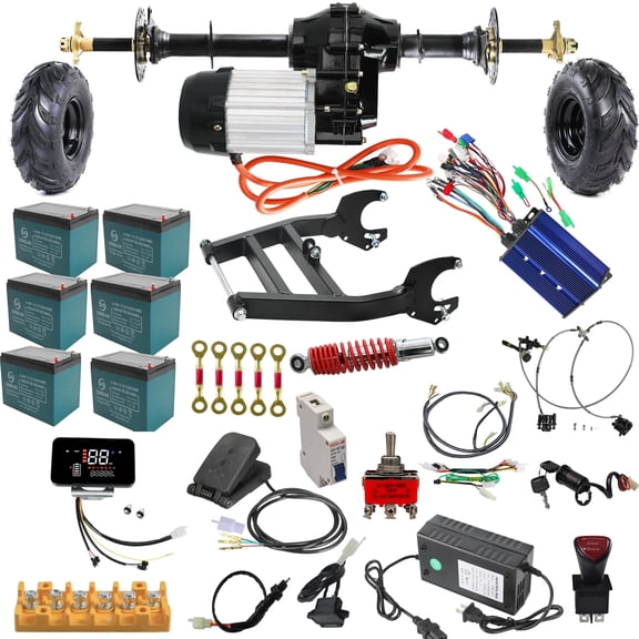 72V 1500W Electric Rear Axle Motor Kit with Differential Gearbox, Controller, LCD Display, 145/70-6 Tires, Brake, Swingarm & Shock– DIY Go Kart, Trike, ATV, Golf Cart, Quad Build Kit