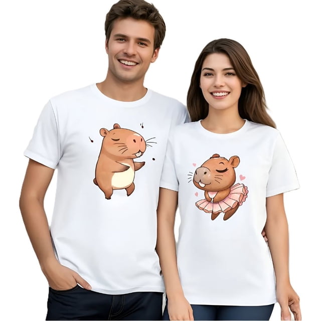 Pack 2 Playeras Estampadas Dama y Caballero Pareja Novios Capibaras