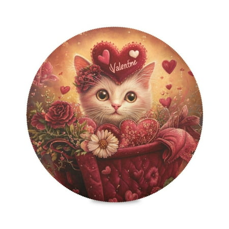 

WOBOGO Pink Basket Cat Round Placemats Set of 1 Heat Resistant Washable Kitchen Table Decorations 15.4in