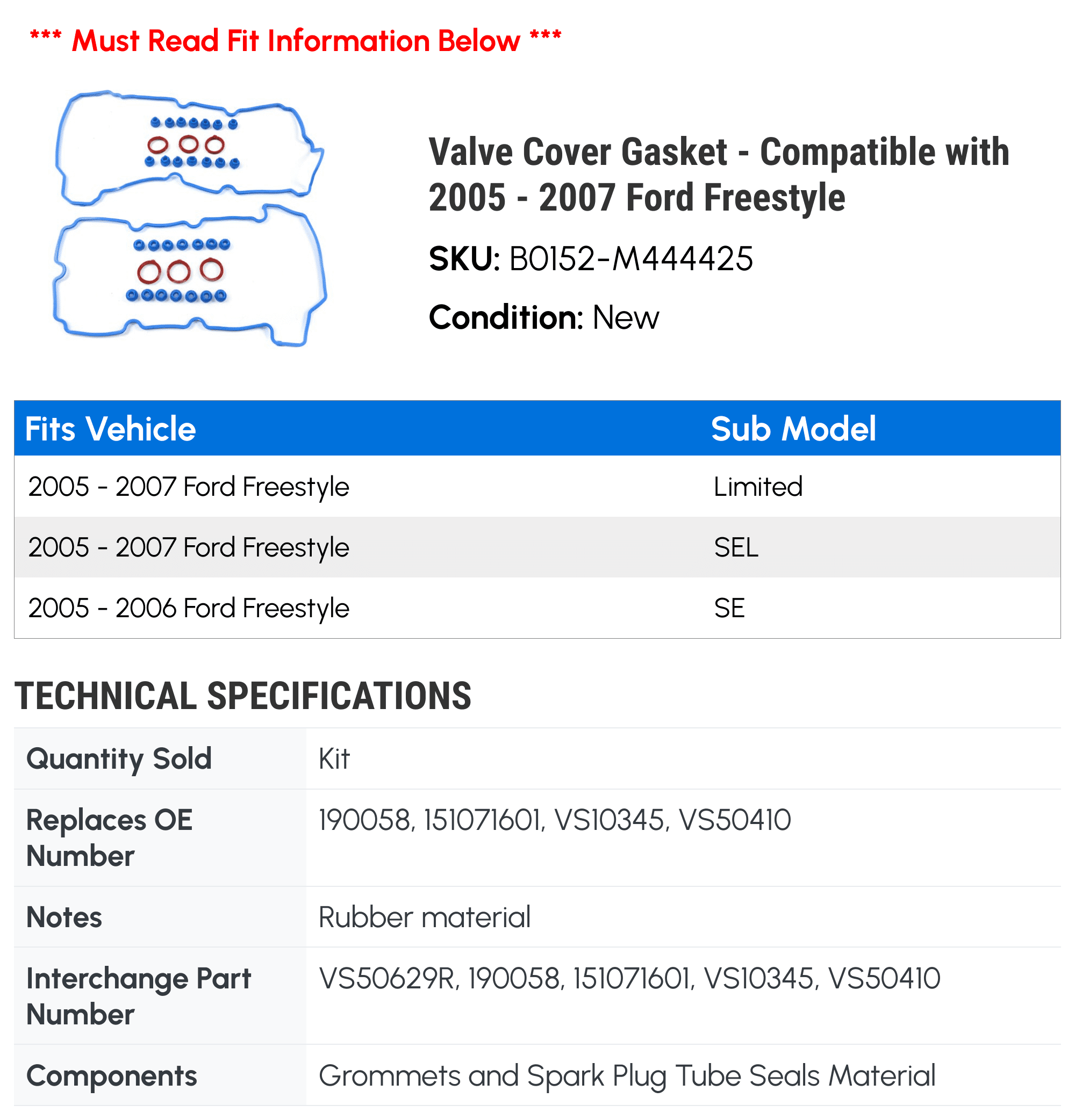 Valve Cover Gasket - Compatible with 2005 - 2007 Ford Freestyle 2006