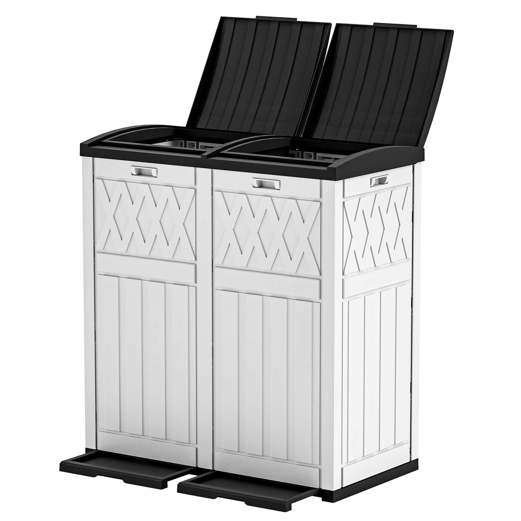 Uforic 62 Gallon Dual Compartment Resin Outdoor Trash Can with Layered Lid & Drip Tray, Waterproof Garbage Bin for Patio Backyard Deck, Black & White