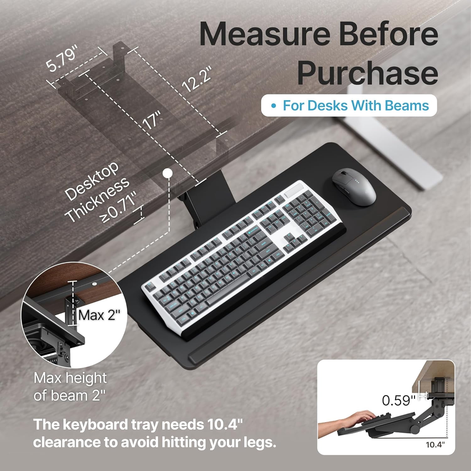Keyboard Tray Under Desk with Storage Drawer, Height Adjustable Keyboard Tray Slide Out Swivel Tilt, Ergonomic Under Desk Mount Keyboard & Mouse Holder for Gaming Home Office, 25x11'', Black