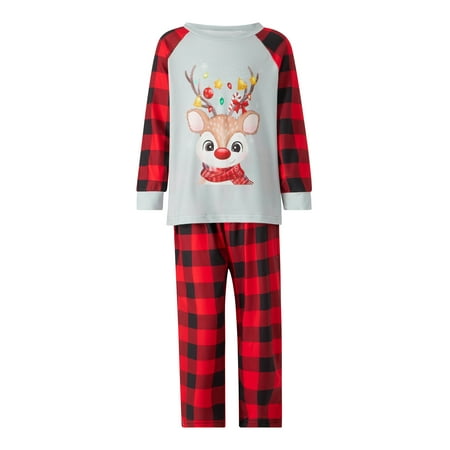 

Eyicmarn Family Matching Pajamas Set Christmas Elk Plaid Print O-Neck Long Sleeve Tops+ Pyjama Trousers for Kids Adults