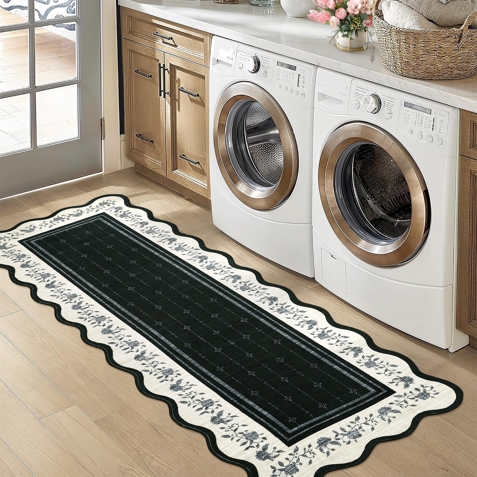 Garvee 2'x6' Scalloped Floral Rug Modern Farmhouse Carpet, Washable Rug with Non Slip Backing Soft Foldable Mat for Hallway Bedroom Kitchen, Black