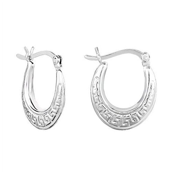 Tilo Jewelry 925 Sterling Silver Greek Key Curved Oval Hoop Earrings (18mm) for Women, Men, Unisex