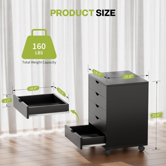 5-Drawer Chest with Wheels, Black Mobile Storage Dresser for Home Office