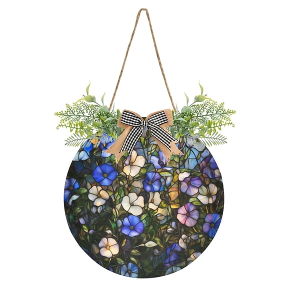 Elegant Stained Glass Flower Front Door Porch Decoration Hanging Sign with Artificial Green Plants and Bow for Home Outdoor Indoor