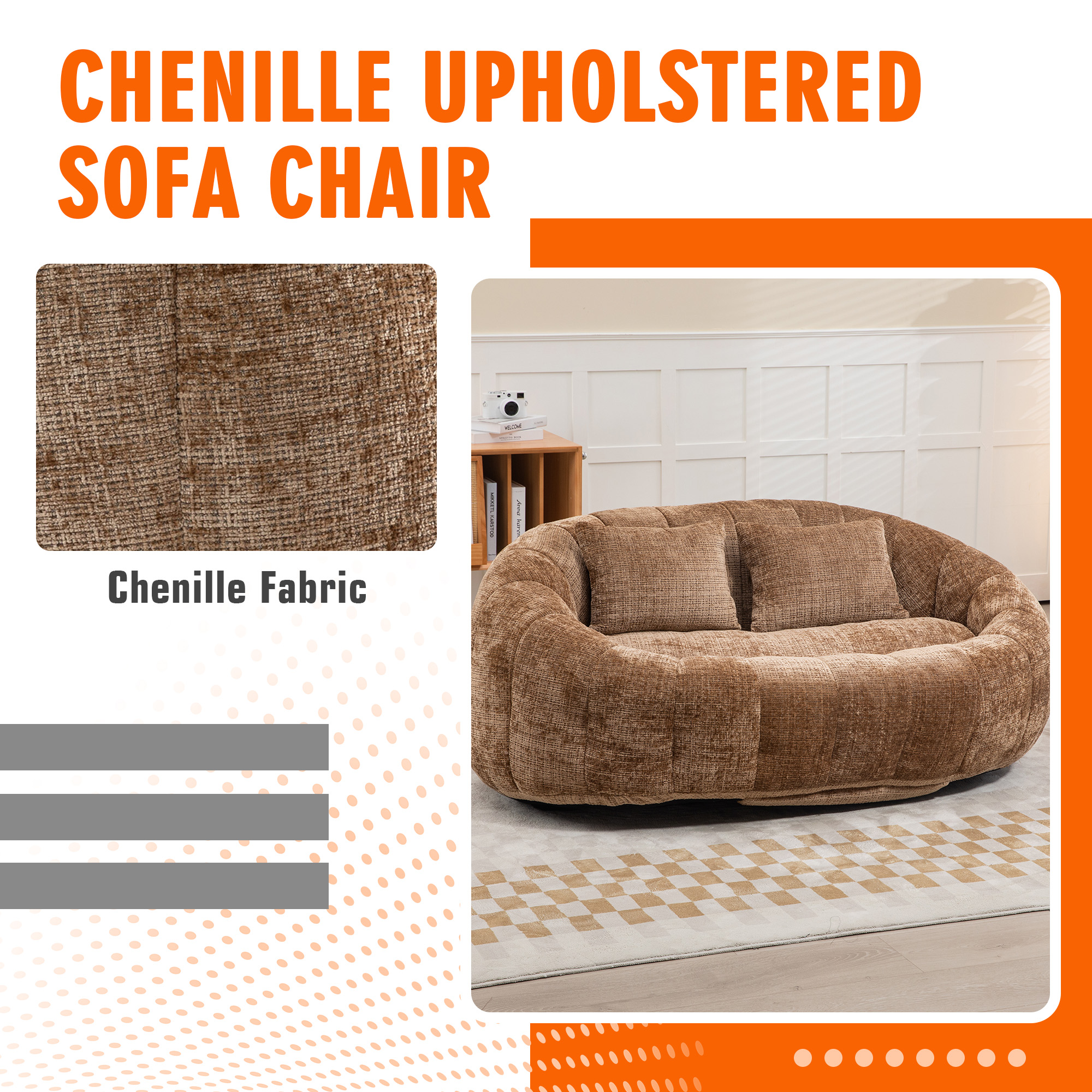 59''W Chenille Loveseat Sofa Small Couch Oversized Bean Bag Chair, Modern Lounge Loveseat Sofa with 2 Pillows,Bean Bag Couch Floor Lazy Sofa for Living Room Bedroom Apartment (Brown)