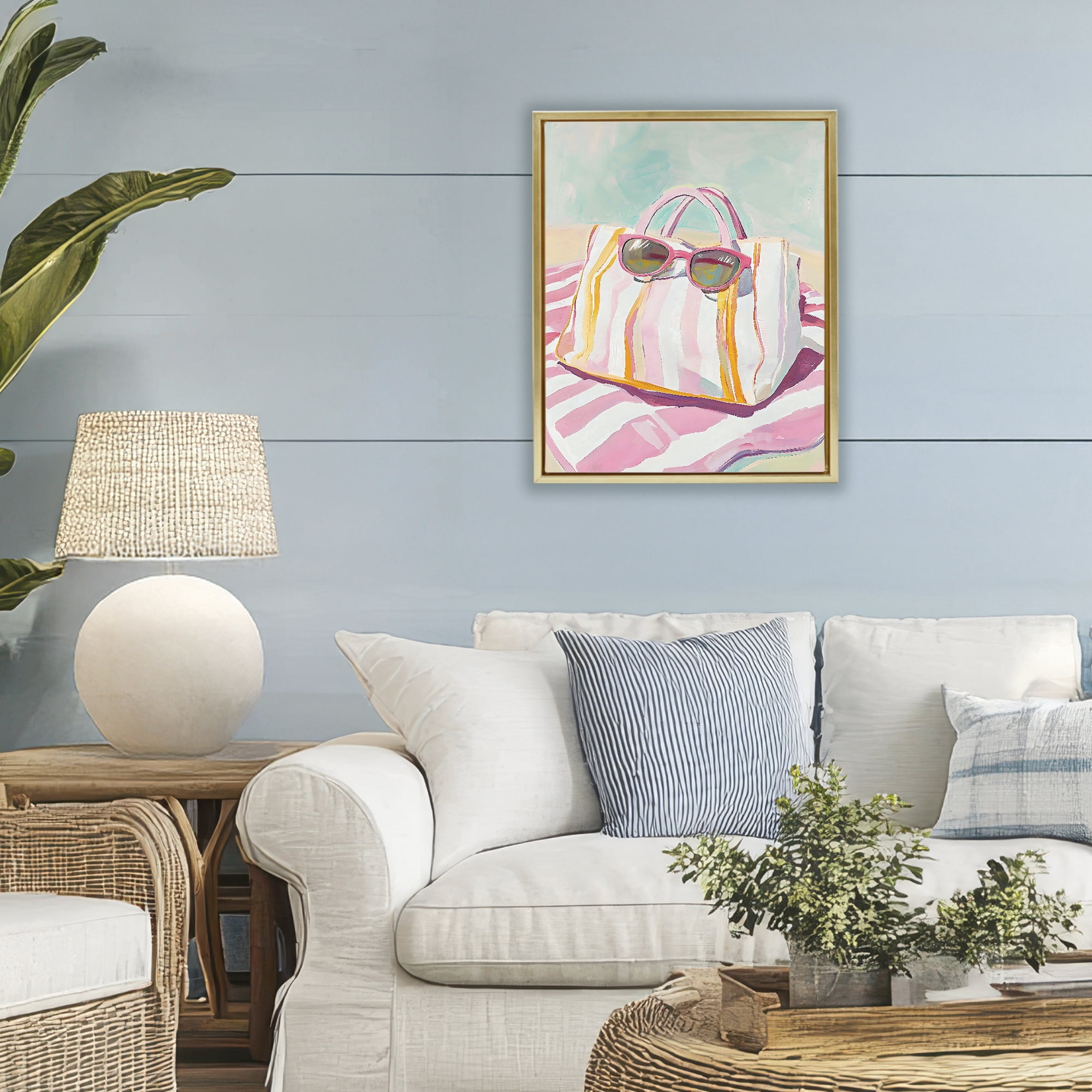 Stupell Industries Beach Bag & Sunglasses Gold Framed Floater Canvas Wall Art, design by The Prints Vibe