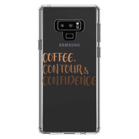 DistinctInk Clear Shockproof Hybrid Case for Samsung Galaxy Note 9 - TPU Bumper Acrylic Back Tempered Glass Screen Protector - Coffee Contour & Confidence