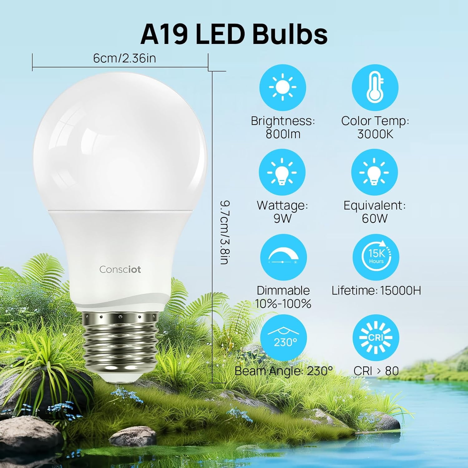 A19 LED Light Bulbs Dimmable,60W Equivalent,3000K Warm White,9W 800 Lumens,E26 Standard Base,UL Listed,Lighting for Bedroom Living Room Home Office,5 Packs