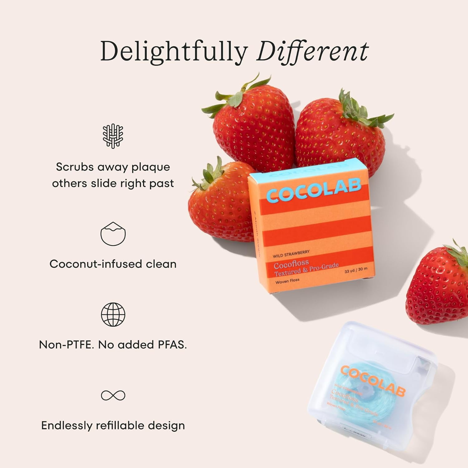 Coco Woven Dental , Dentist-Designed Oral Care, Strawberry Scent, Waxed, Expanding, Kid-Friendly String with Coconut Oil, 4 Spools (33 yd Each)