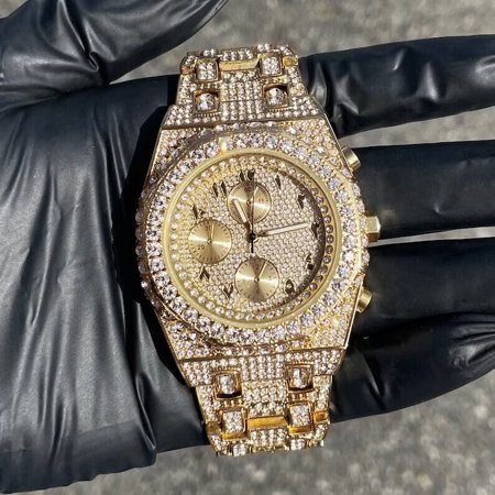 Men's Luxury Watch Fully Iced Band Arabic Dial Octagon Bezel Diamond Encrusted