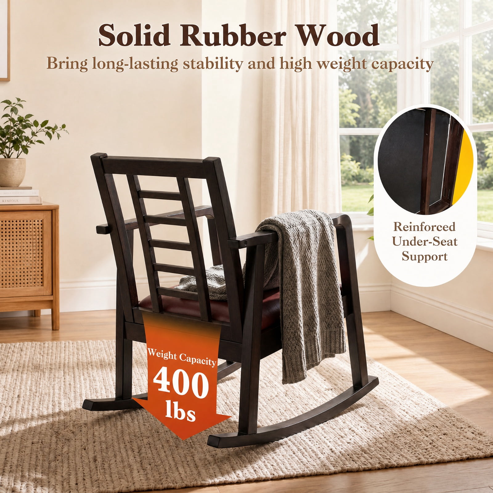 Biotree Wooden Rocking Chair with Upholstered Seat and Ladder Back for Living Room, Brown