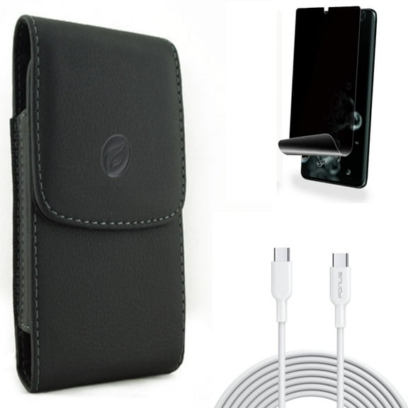 Case Belt Clip w Privacy Screen Protector w 10ft Long Type-C Cable for Samsung Galaxy S20 Ultra - Leather Holster Cover, TPU Film [NOT GLASS] [Fingerprint Works], Fast Charger fits Galaxy S20 Ultra