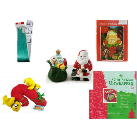 Christmas Fun Gift Bundle [5 Piece] - Myco's Best Pull Bows Set of 10 - Vintage Designed Stocking Hanger Santa - HomeTrends Santa Salt & Pepper Set - Merry  Candycane With Animals  12
