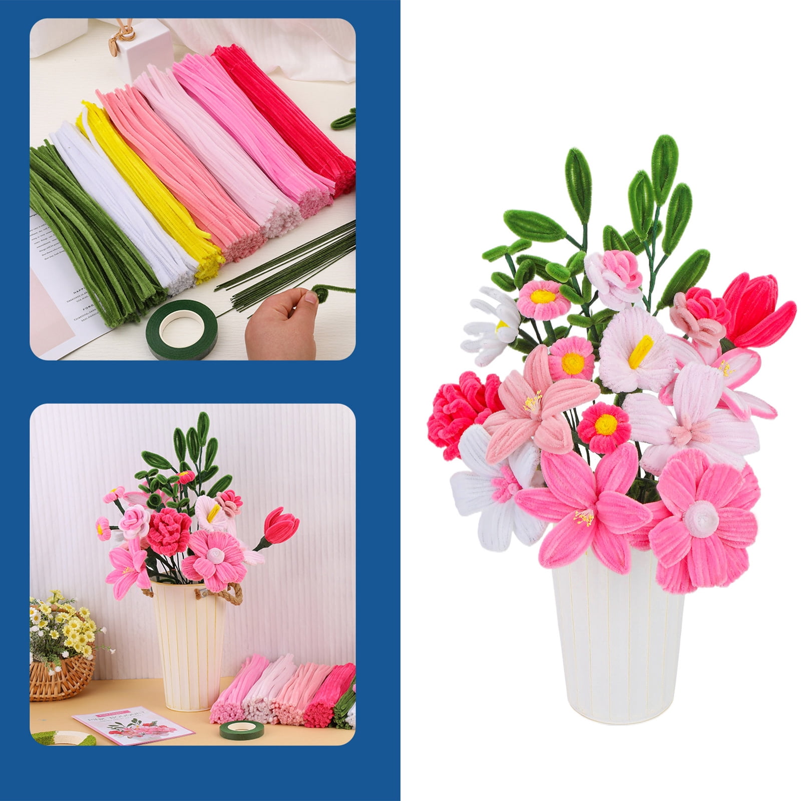 550Pcs Plush Stems Bouquets Craft Set with Instruction Handmade Pipe Cleaners Bouquets Set for Vase Flower Arrangements
