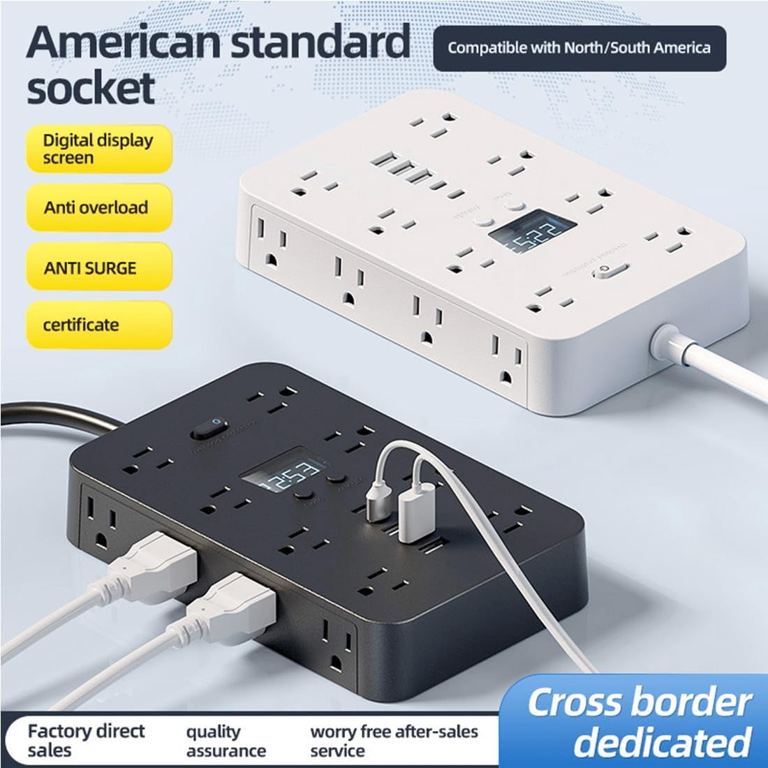 JOUALY 21-in-1 Power Strip with Digital Clock, Surge Protector with 16 Wide Spaced AC Outlets & 5 USB Ports(3A2C), Flat Plug 5FT Cord, FCC Certified USB Charging Station for Home Office Dorm, white