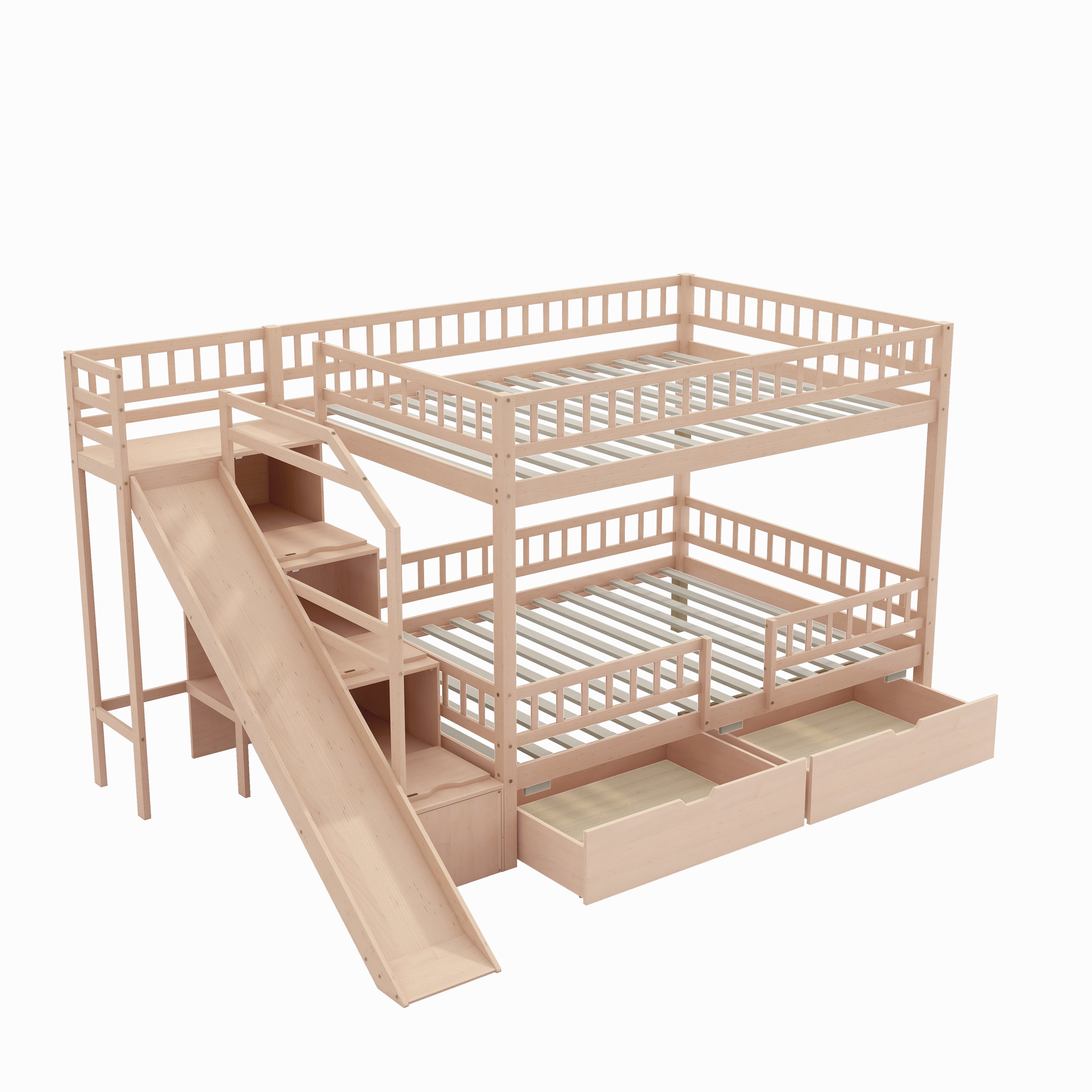 Euroco Wood Full over Full Bunk Bed with Drawers and Storage Staircase, Solid Bed with Slide, No Box Spring Needed, Walnut