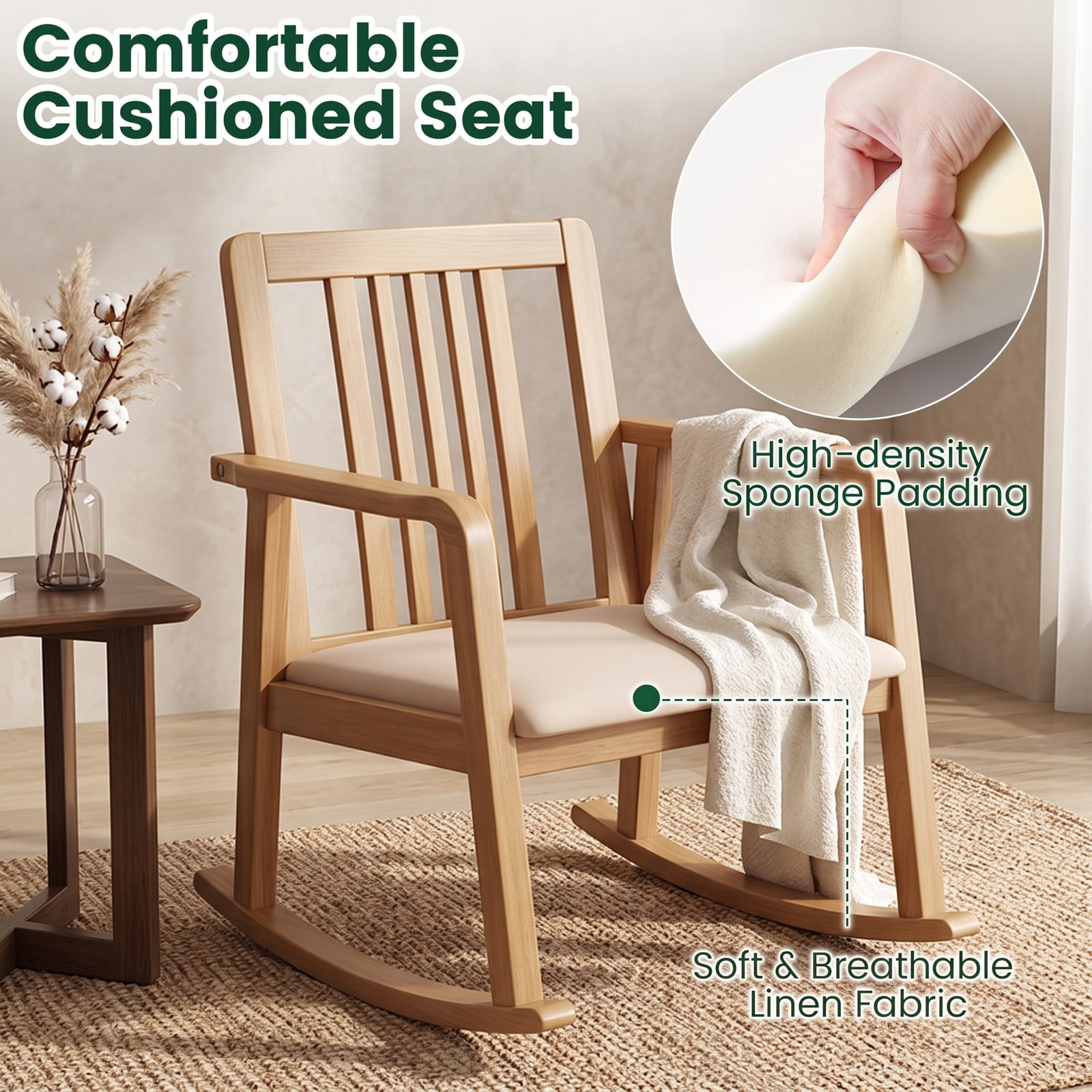 Furnibear Rocking Chair with Slatted Back, Curved Armrests and Soft Padded Fabric Seat for Living Room, Bedroom and Nursery, Natural