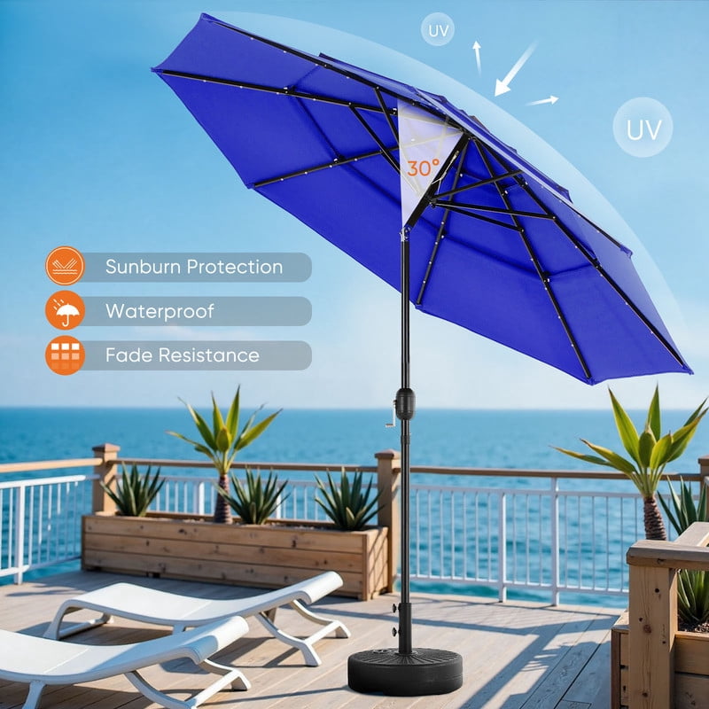 Gianna 10FT 3-Tier Solar Patio Umbrella with 32 LED Lights, Outdoor Umbrellas with Push Button Tilt and Crank,Navy Blue